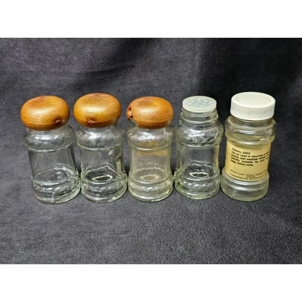 Vintage Glass Spice Bottles Shaker Jars With Faux Wood Lids Lot Of 12
